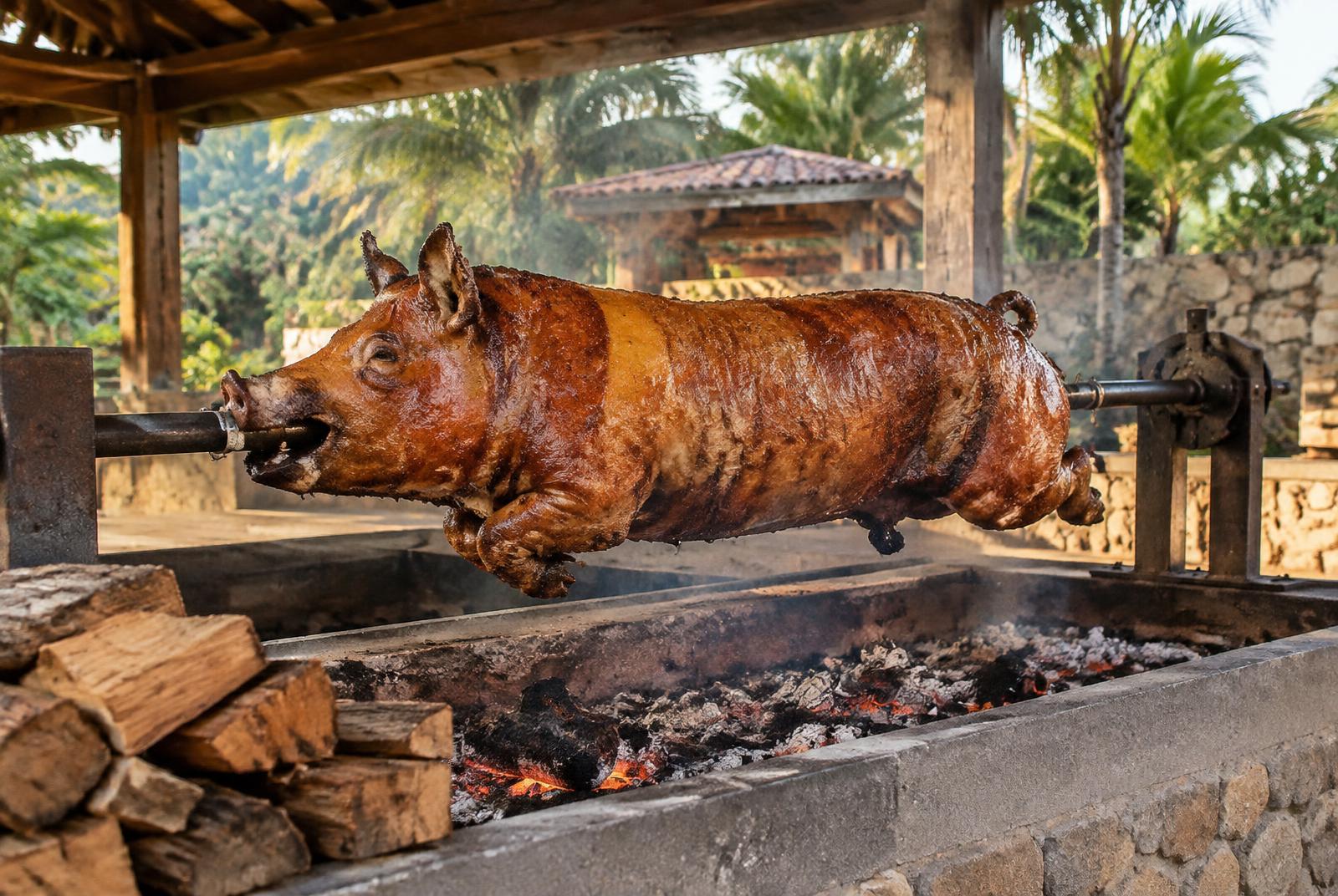 whole pig with golden crisp skin turning on an iron spit over hardwood embers in an outdoor stone pit