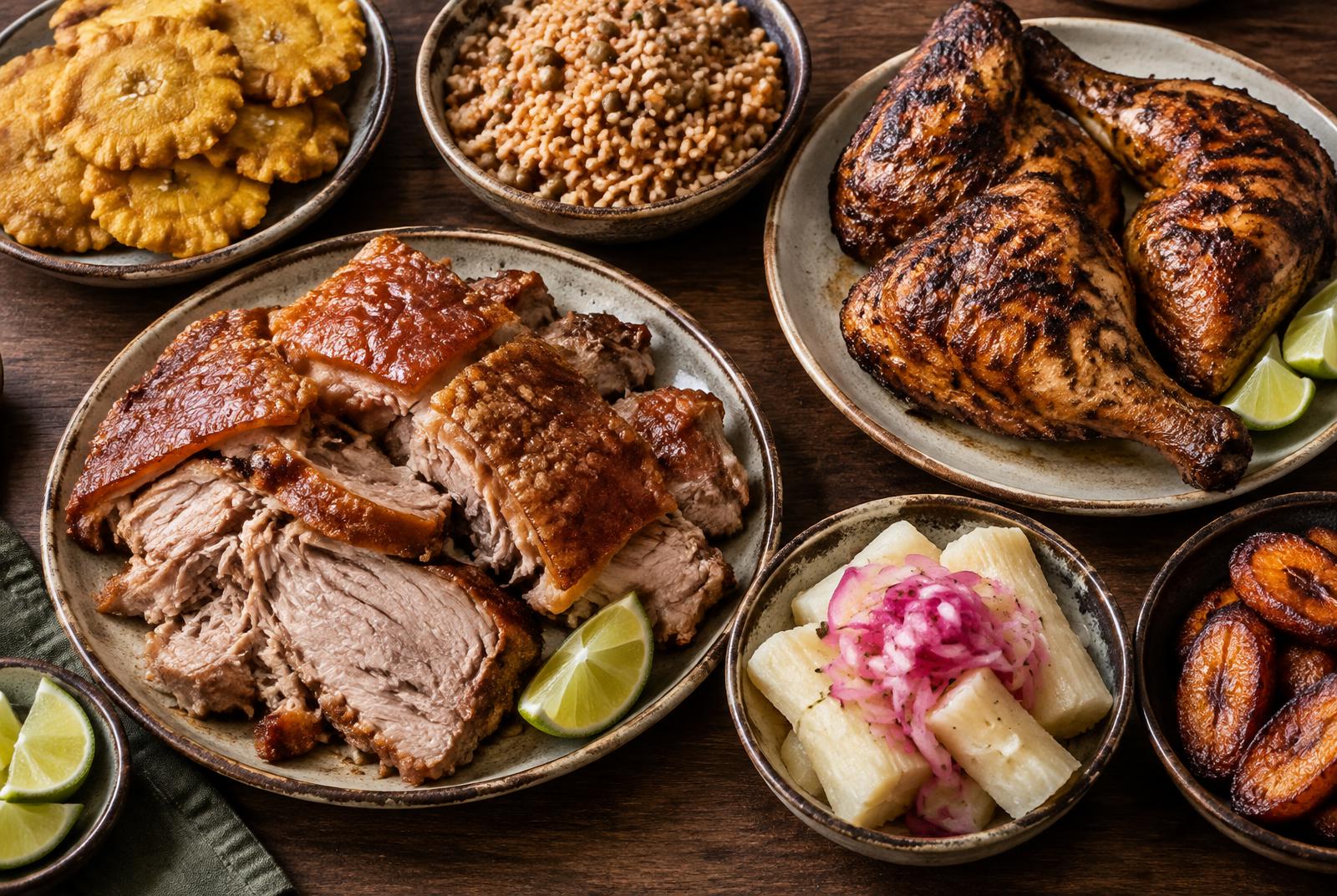 plates of lechón with crackling skin, wood-fired chicken, tostones, arroz con gandules, yuca and maduros on a dark wooden table