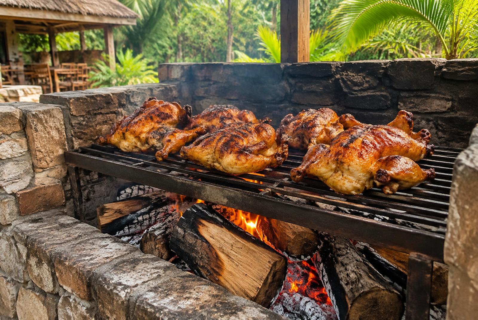 whole chickens roasting on an iron grate over burning logs in an outdoor stone hearth